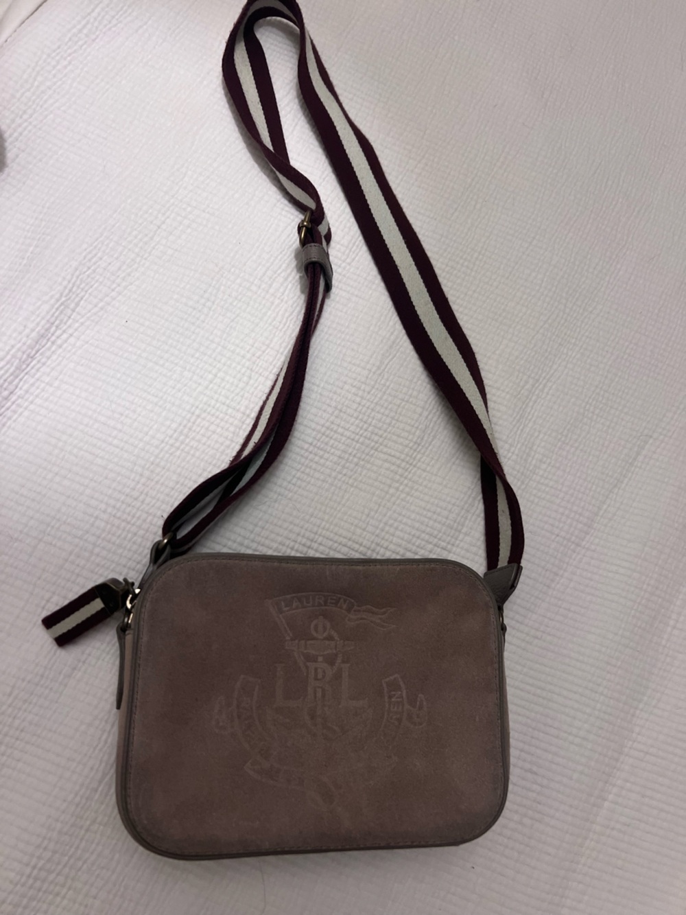 Lauren Ralph Lauren Taupe Suede Messenger Bag with Maroon and White Strap